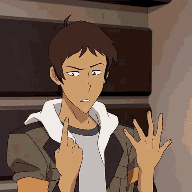a cartoon man is making a funny face and pointing at his hands