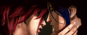 a couple of cartoon characters are looking at each other .