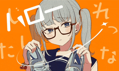 a girl with pigtails and glasses holds a pair of shoes in her hands