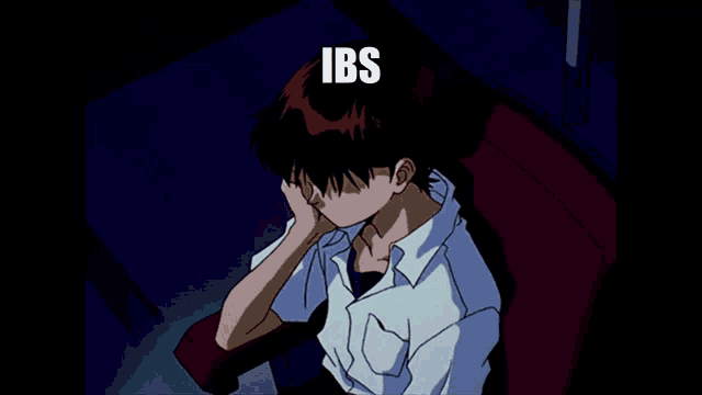 a boy is sitting in a chair with his head in his hands and the word ibs is above him