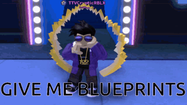 a man in a purple jacket stands in front of a sign that says " give me blueprints "