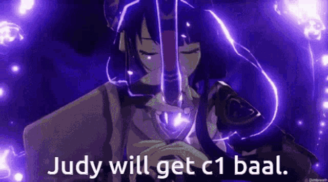 a purple anime girl is holding a sword in her hand .