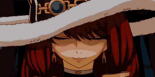 a girl with red hair wearing a white hat with a blue circle on it
