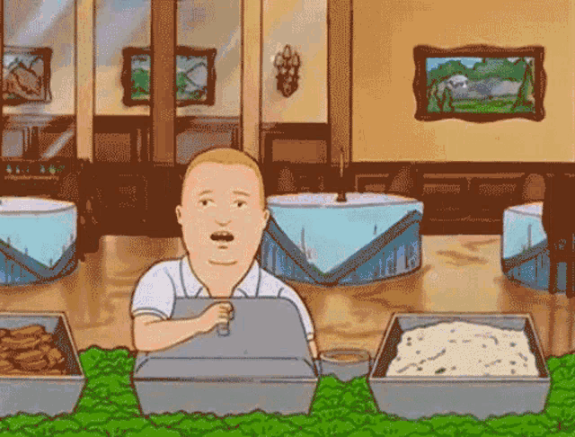 a cartoon of a man in a restaurant surrounded by food trays
