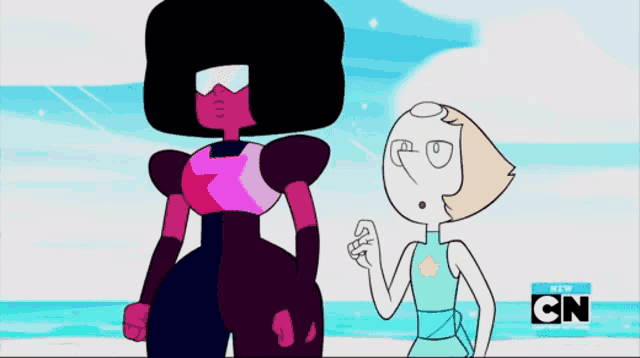 garnet and pearl are standing next to each other in a cartoon with cn written on the bottom