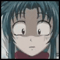 a close up of a anime girl 's face with a surprised expression .