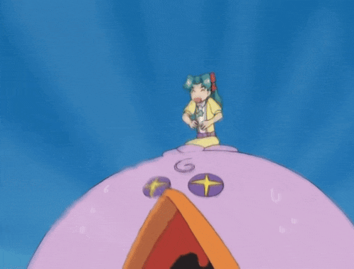 a cartoon character sitting on top of a purple object with a g on it