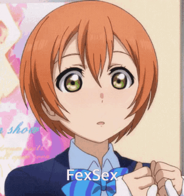 a close up of a girl with the word fexsex on the bottom right
