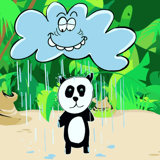a cartoon panda bear standing in the rain with a smiling cloud behind him