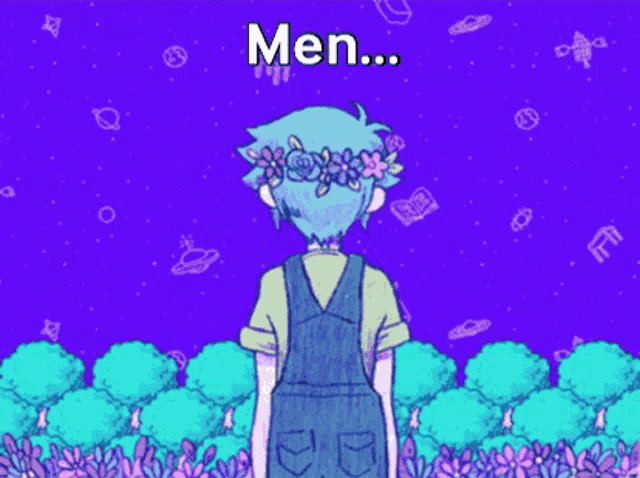 a boy with a flower crown on his head stands in front of a purple background with the words men