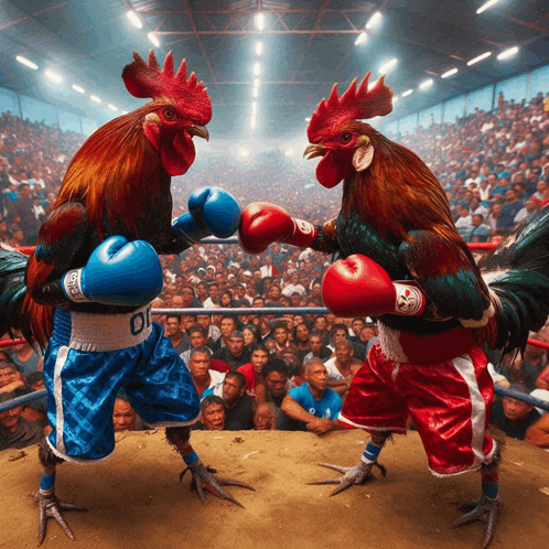 two roosters wearing boxing gloves and shorts with the letter d on the shorts