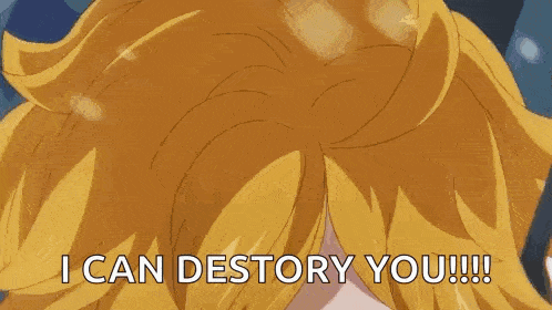 a close up of a person 's face with the words `` i can destory you ! ''