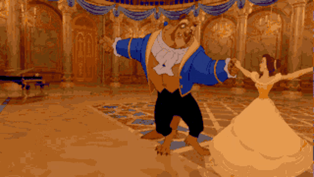 a pixel art of a beast and a princess dancing