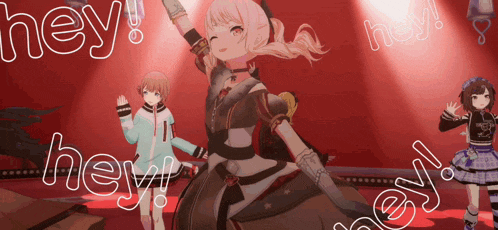 a group of anime girls are dancing on a stage with the words hey written in white letters