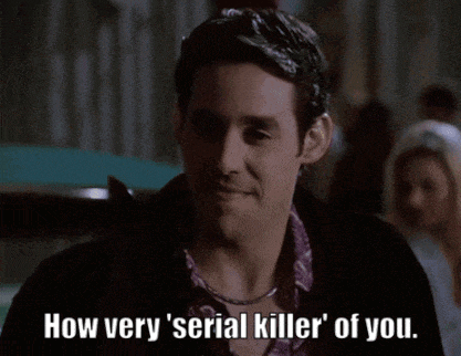 a man in a purple shirt says how very ' serial killer ' of you