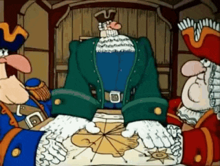 a group of cartoon characters are sitting around a table with a map on it .
