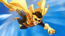 a cartoon superhero is flying through the air with a yellow cape
