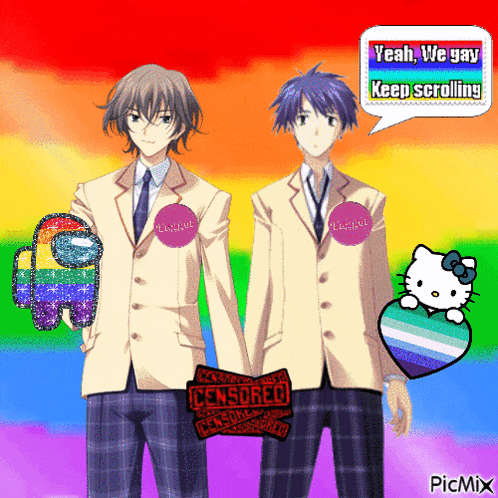 a cartoon of two boys holding hands with a hello kitty in the foreground