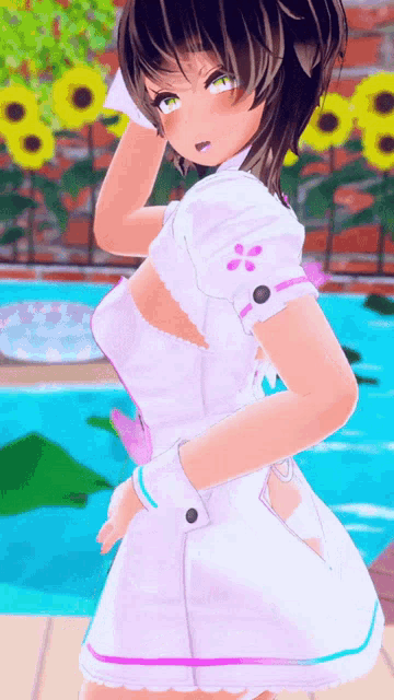 a girl in a white dress is standing in front of a pool with sunflowers in the background
