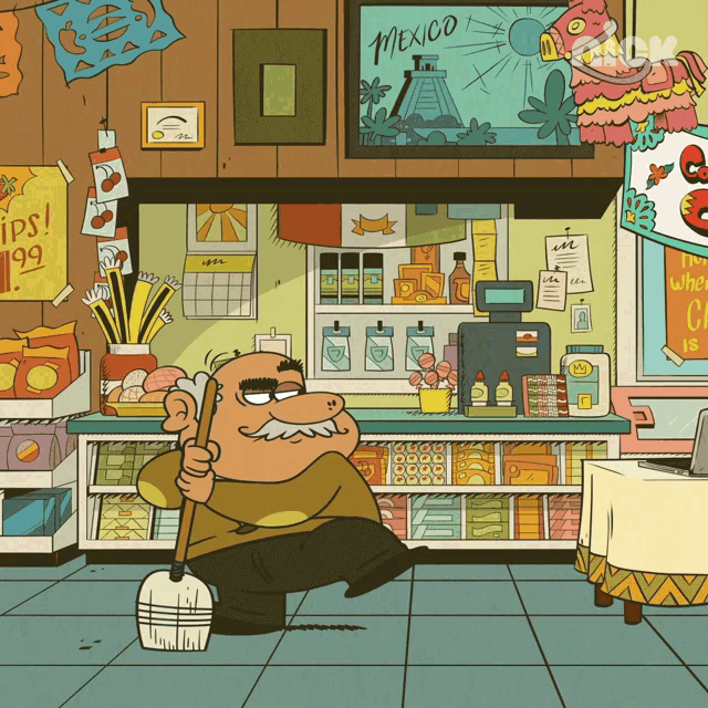 a cartoon of a man mopping the floor in a store with a sign that says mexico on it