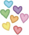 a bunch of rainbow colored hearts on a white background .