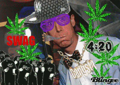 a man wearing purple glasses and a ny hat smoking a cigarette with 4:20 on the bottom