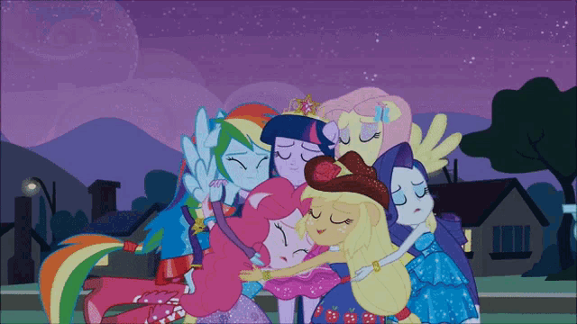 a group of ponies are hugging each other in a cartoon scene