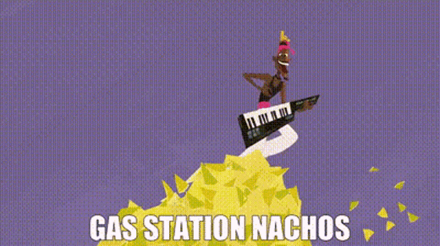 a cartoon character is standing on a pile of nachos and playing a keyboard .