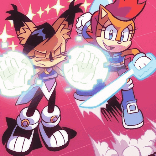 a cartoon of a cat holding a sword and a sphere