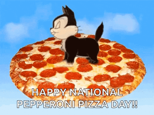 a cat standing on top of a pepperoni pizza