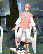 a boy in a pink shirt stands next to a dog