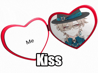 a red heart with a picture of a boy in a hat and the word kiss below it