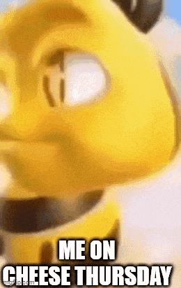 a cartoon character with the words `` me on cheese thursday '' written on it .