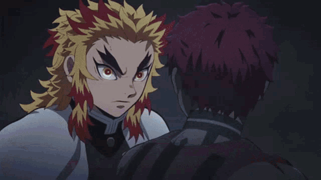 two anime characters are facing each other and looking at each other .