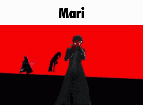 a man in a black suit and red gloves is standing in front of a red background with the word mari on it .