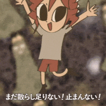 a cartoon character is jumping in the air with a foreign language behind him