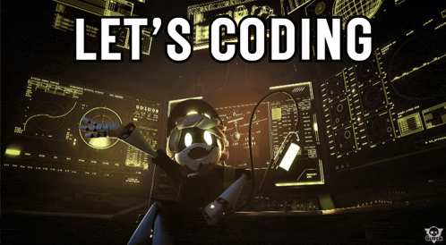 a robot is standing in front of a computer screen with the words let 's coding written on it