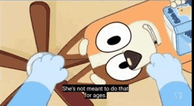 a cartoon dog is holding a fan and says she 's not meant to do that for ages .