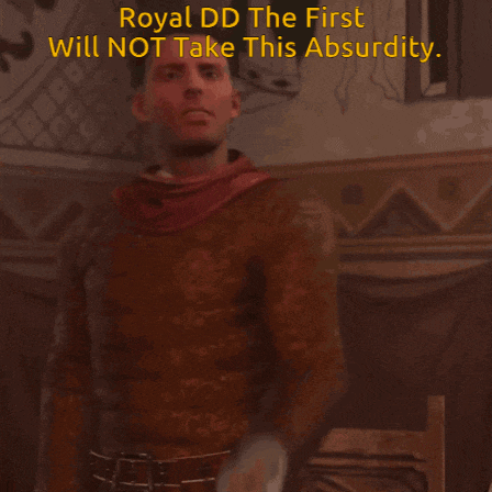 a man with a red scarf around his neck and the words royal dd the first will not take this absurdity above him