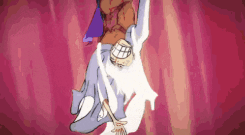 a cartoon character is hanging upside down from a rope .