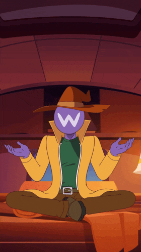 a cartoon character has a purple head with a white w on it