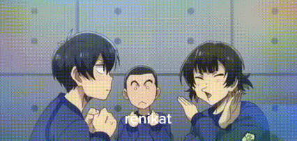 a group of anime characters are standing next to each other and talking .