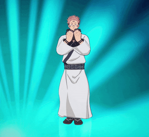 a man in a white robe is standing in front of a blue light