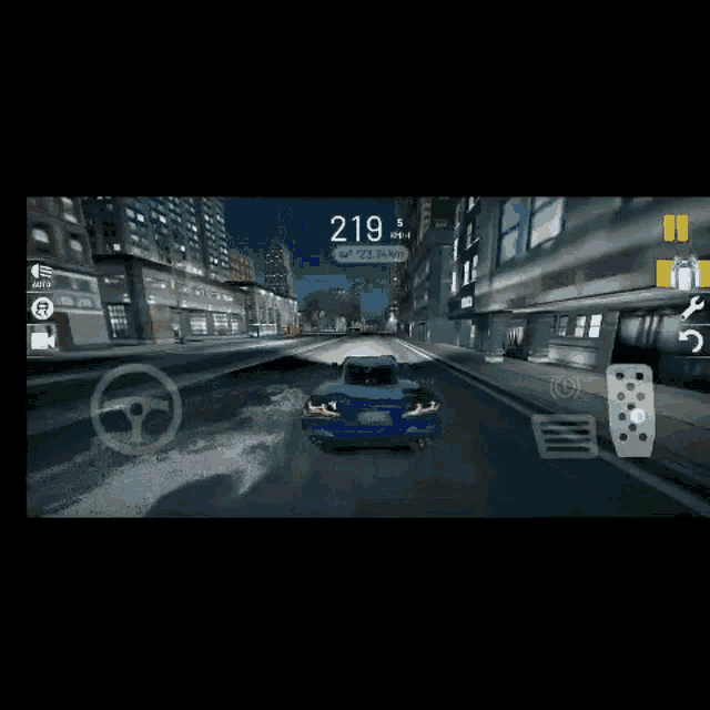 a blue car is driving down a city street with a speed of 283 km / h