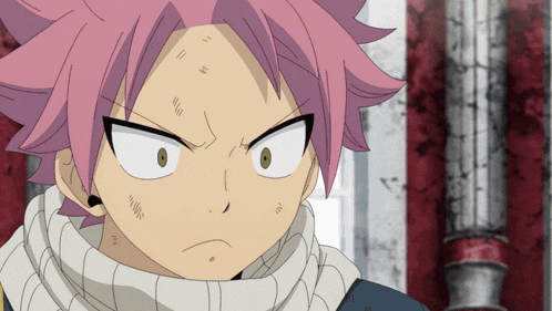 a cartoon character with pink hair and a scarf around his neck looks angry