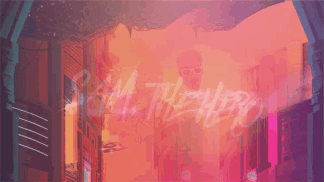 a painting of a city with the words i am the hero on the bottom