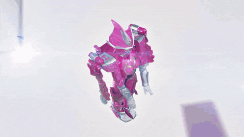 a pink robot with a sword on a purple and pink background
