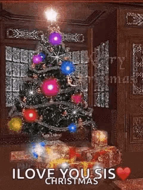 a christmas tree with gifts underneath it in a living room with the words `` i love you sis christmas '' .