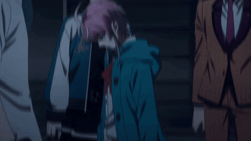 a group of anime characters are standing around each other