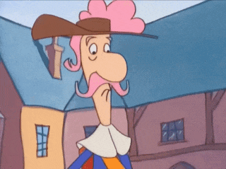 a cartoon character with a pink moustache and hat
